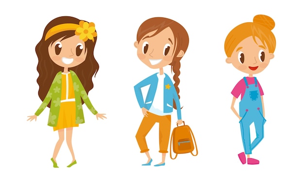 young smiling girls dressed in different clothes happily standing isolated on white background happy cartoon fashionable characters