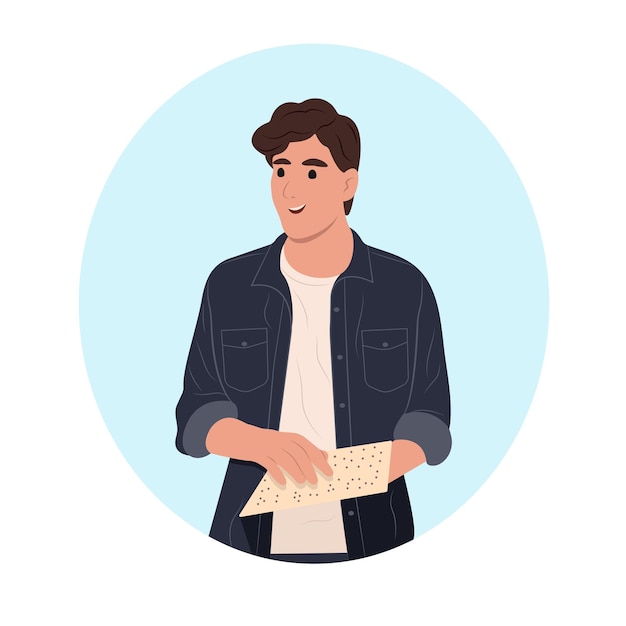 A young smiling guy is reading something in Braille Vector flat illustration