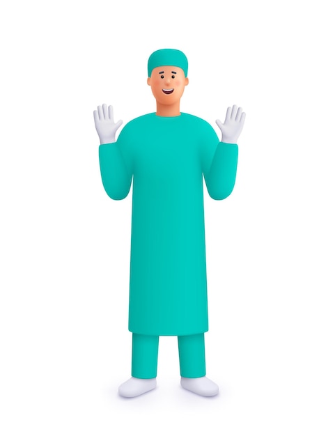 Vector young smiling man doctor surgeon in uniform and gloves with hands upmedicine healthcare and surgery concept 3d vector people character illustrationcartoon minimal style