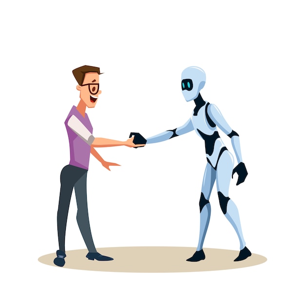 Young Smiling Man in Glasses and Robot Shake Hand