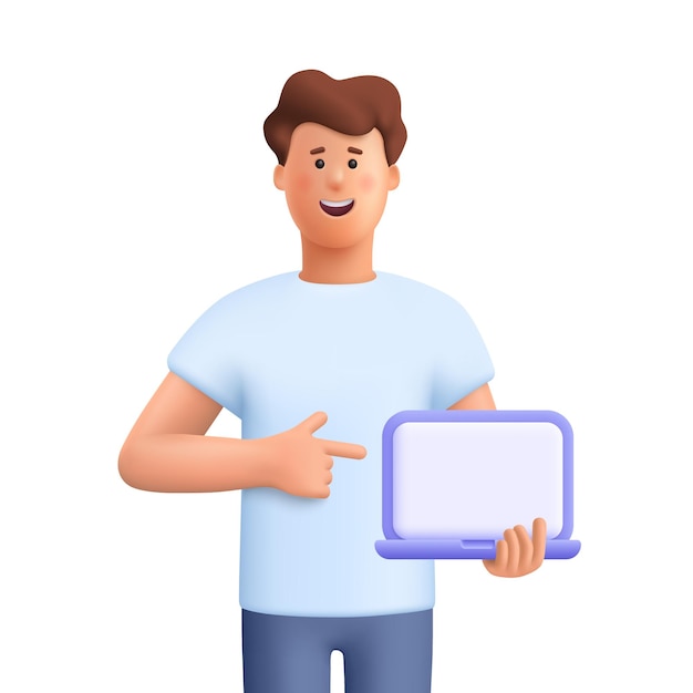 Vettore giovane uomo sorridente che tiene e indica il computer portatile con schermo vuoto distanza e concetto di educazione elearning illustrazione del carattere della gente di vettore 3d stile minimo del fumetto