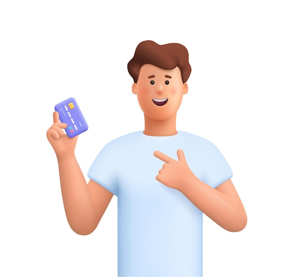 Vector young smiling man holding and pointing to credit debit card or digital payment card payment banking and shopping concept 3d vector people character illustration cartoon minimal style