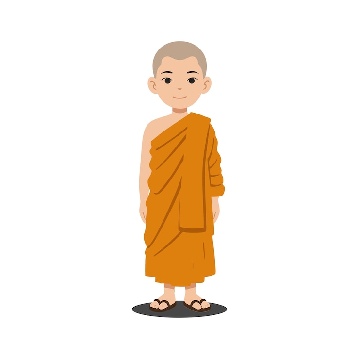Vector young smiling monk in an orange robe standing with a calm demeanor in a flat minimal vector illustration