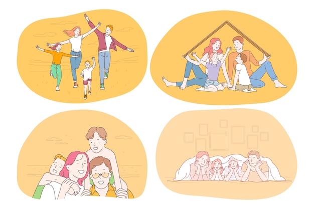 Vector young smiling parents and children walking