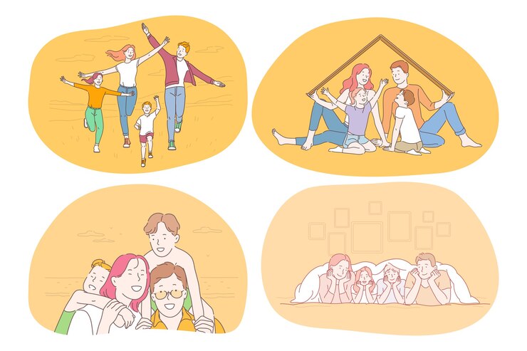 Vector 젊은 미소 부모와 아이들이 걷기