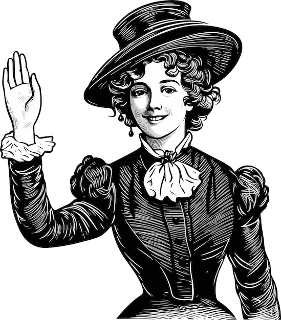 A young smiling retro woman waves hand in greeting Vector engraved illustration isolated