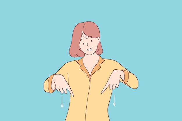 Молодая улыбающаяся женщина мультипликационный персонаж в пижаме, стоящая и указывая пальцами вниз со стрелками вниз для внимания