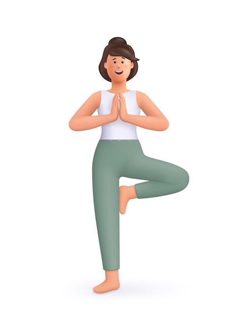 Vector young smiling woman doing yoga tree pose vrksasana standing on one leg yoga meditation and sport concept 3d vector people character illustration cartoon minimal style