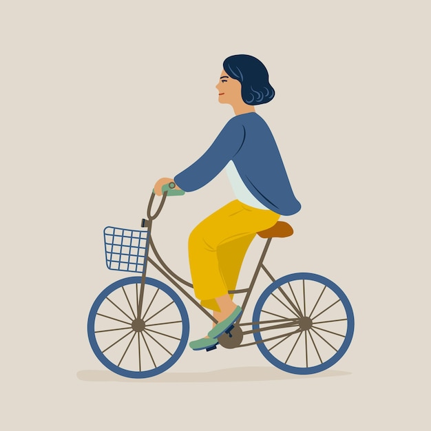 젊은 웃는 여자 또는 소녀 자전거를 타고 캐주얼 옷을 입고. 자전거에 여성 캐릭터. 밝은 배경에 고립 페달 사이클입니다. 플랫 만화 스타일의 다채로운 그림입니다.