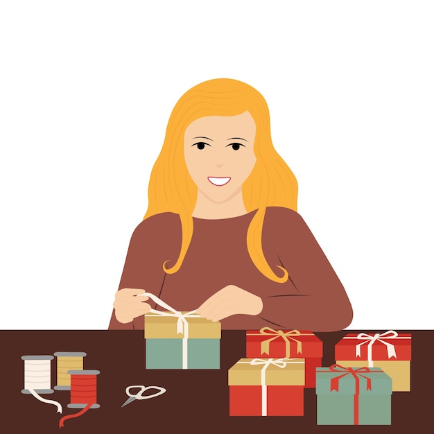 Vector young smiling woman preparing christmas gifts