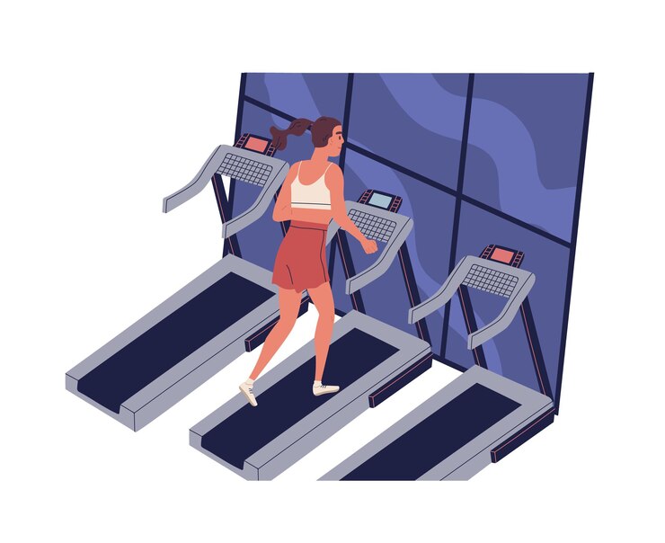 Vector young smiling woman running on treadmill at fitness center. cute funny girl at daily morning jogging workout