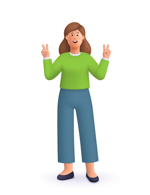 Vector young smiling woman showing peace victory sign 3d vector people character illustration cartoon minimal style