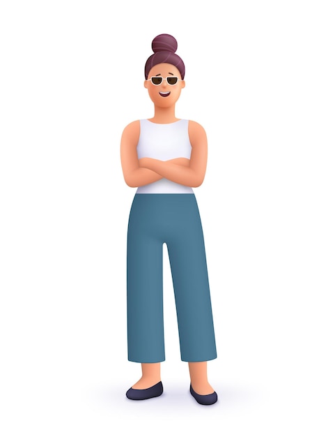 십자 팔 포즈와 선글라스 3d  ⁇ 터 사람 캐릭터와 함께 서있는 젊은 웃는 여성