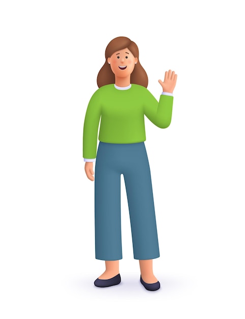 Young smiling woman standing with greeting gesture saying hello hi or bye and waving with hand 3d vector people character illustration cartoon minimal style