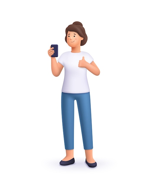 Young smiling woman taking selfie with phone and making thumbs up gesture sign 3d vector people character illustration cartoon minimal style