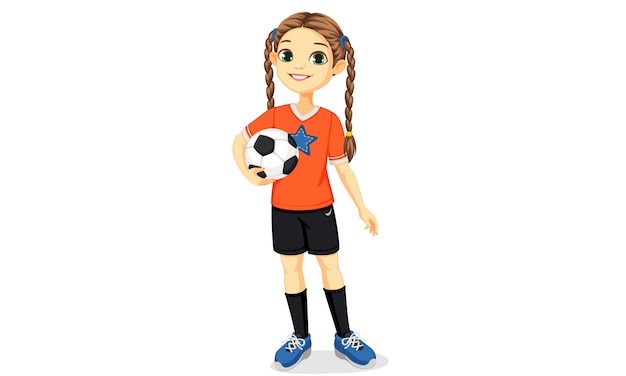 サッカーボールのイラストを保持している立ちポーズで若いサッカー選手の女の子