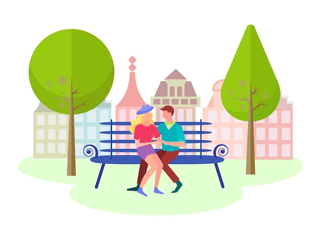 Молодой супле держит друг друга за руки на скамейке в городском парке