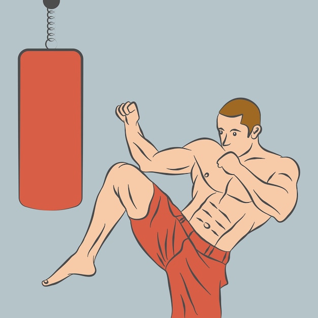 Giovane uomo di sport che fa illustrazione di kickboxing