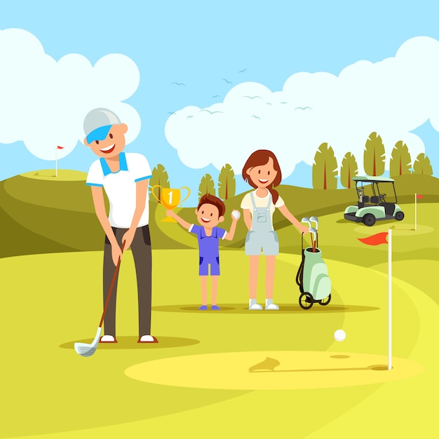 緑のコースでゴルフをする若い陽気な家族