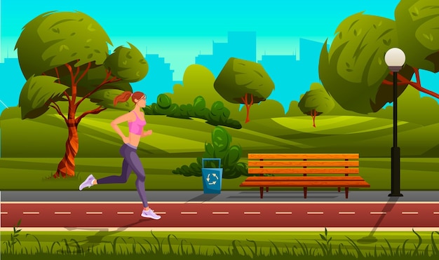 Giovane donna sportiva che corre nel parco cittadino stile di vita sano e sportivo giovane ragazza che fa jogging al mattino nel parco cittadino attività sportive all'aperto personaggio femminile in forma che si esercita nel giardino urbano illustrazione vettoriale