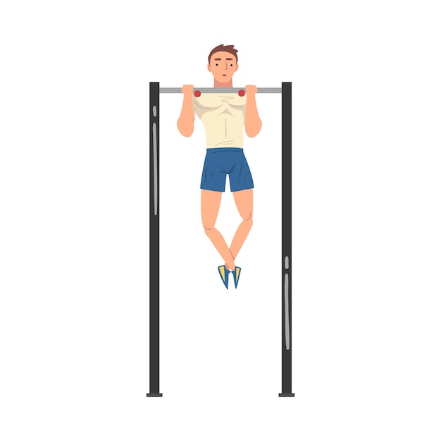 Vector young sportsman making pullups in gym vector illustration