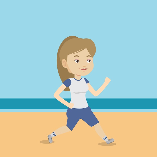 Vector young sporty woman jogging on the beach.