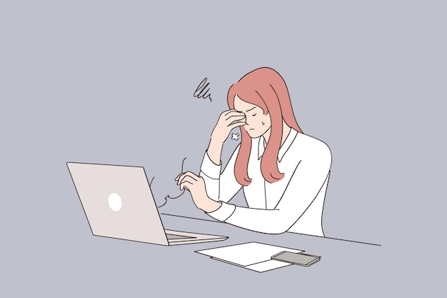 心配、疲れ、圧倒されていると感じてラップトップに取り組んでいる頭に触れることを目撃している若い実業家の漫画のキャラクターを強調しました