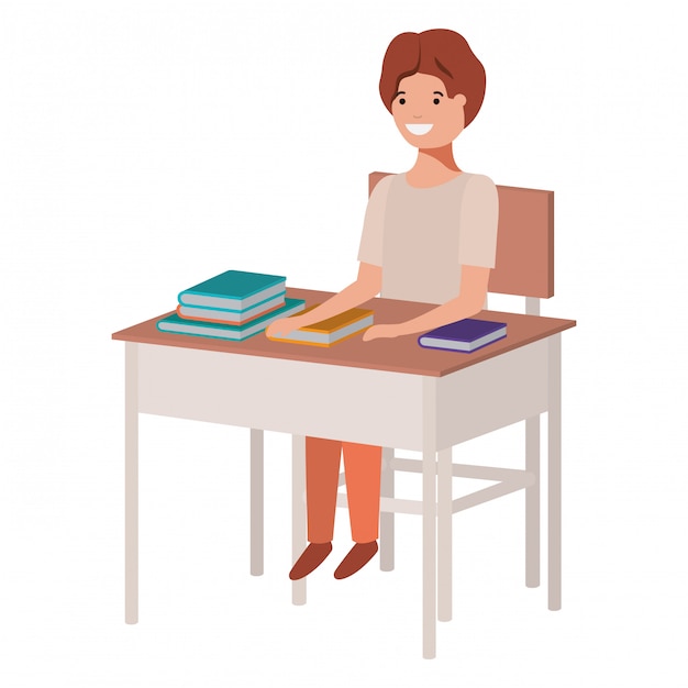 Vector young student boy sitting in school desk