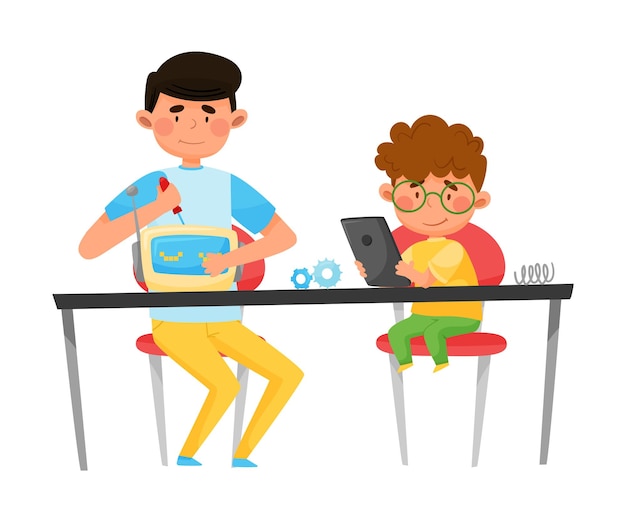 Vector young student boy sitting with kid at table and repairing robot with fixing tools vector