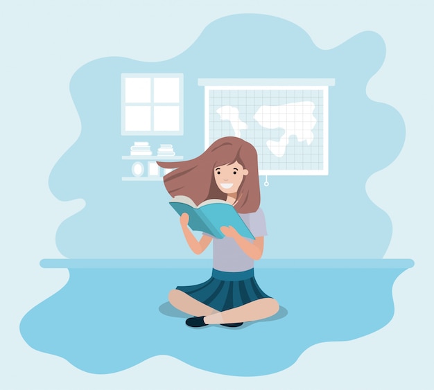 Young student girl sitting reading book