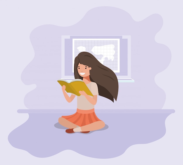 Молодая студенческая девочка сидит чтения книг