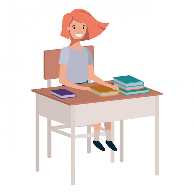 Vector young student girl sitting in school desk