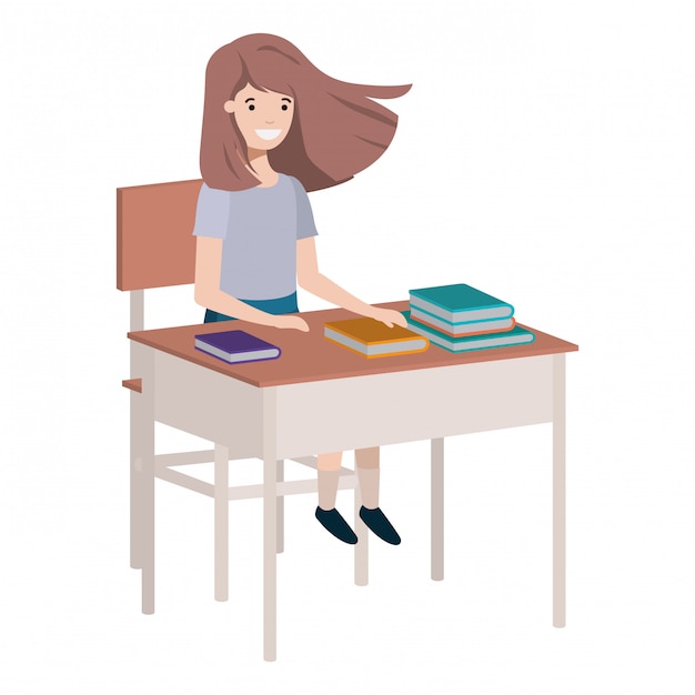 Vector young student girl sitting in school desk