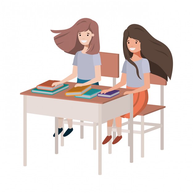 Vector young student girls sitting in school desk