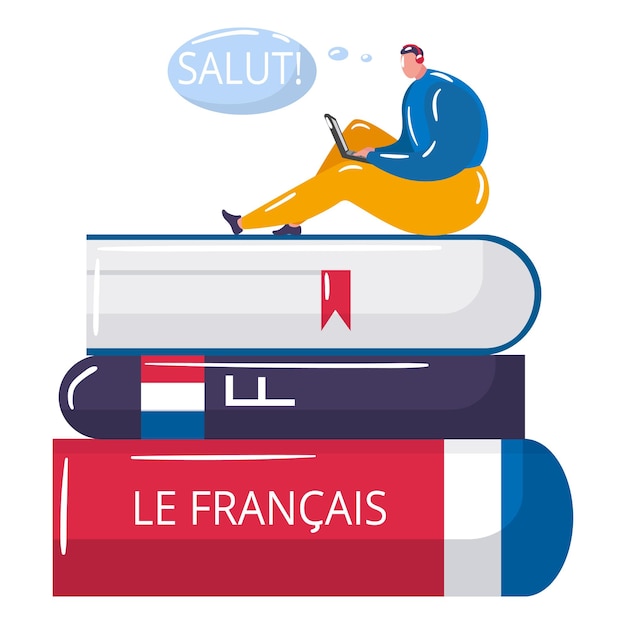 Young student online learning french language tiny male character sitting book stack cartoon vector ...