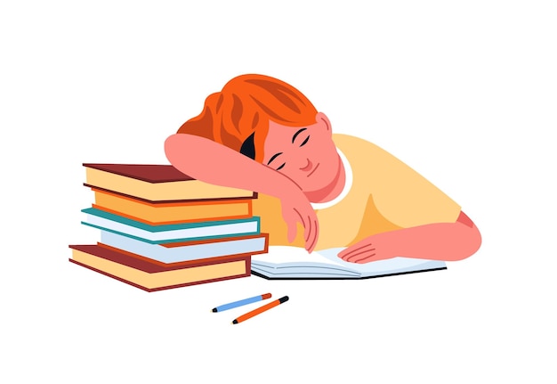 young student sleeping on books