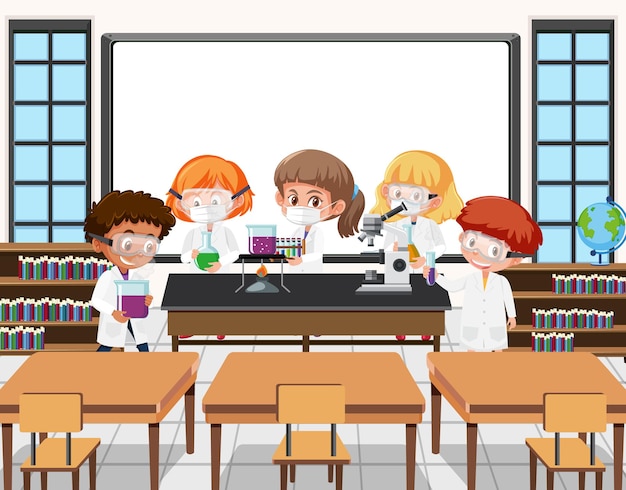 Vector young students doing science experiment in the classroom scene