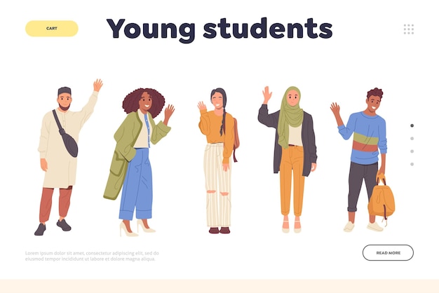 Young students lettering landing page template for international university online courses happy multiethnic group of teenagers from different countries get ready to study vector illustration