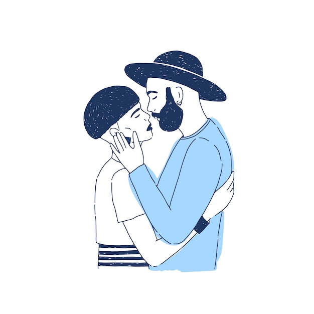 Young stylish hipster boy and girl kissing. Lovers or romantic partners on date. Portrait of boyfriend and girlfriend or couple in love.