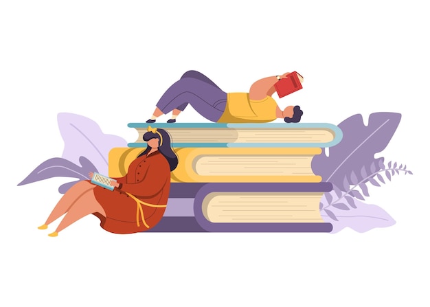 Vector young stylish man and woman are sitting and lying on a stack of giant books and reading