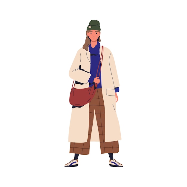 Young stylish woman demonstrating trendy outwear. female character in fashionable autumn outfit. cheerful woman wearing oversize coat. flat vector cartoon illustration isolated on white.