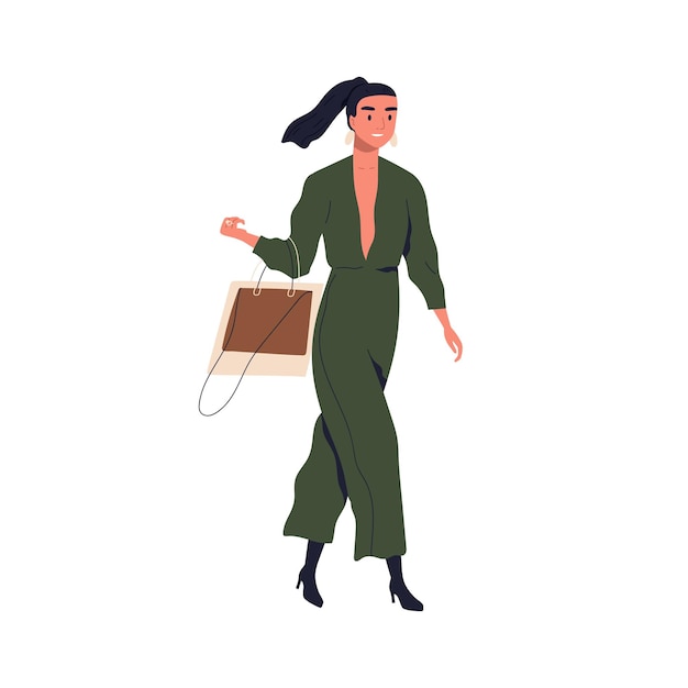 ファッショナブルなジャンプスーツを着ている若いスタイリッシュな女性。トレンディなハンドバッグとファッションの服を着て歩く愛らしい女性キャラクター。白で隔離現代人のフラットベクトル漫画イラスト。
