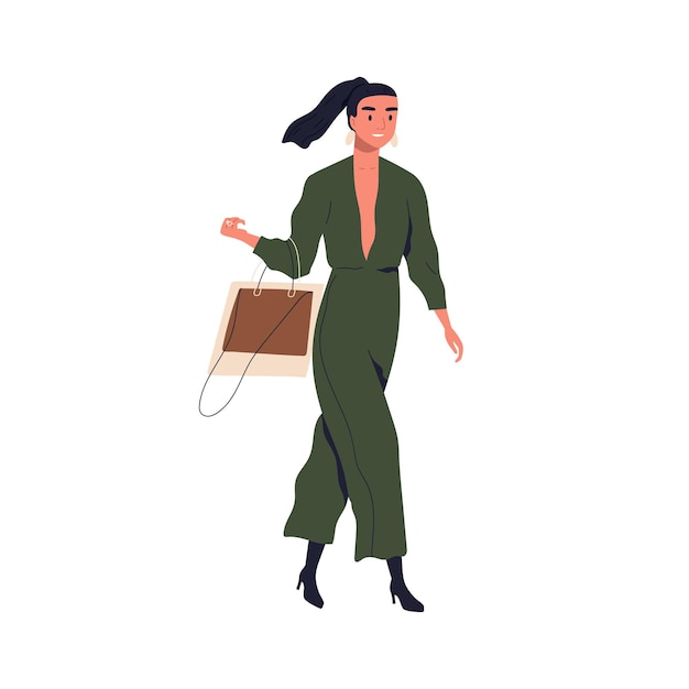 Young stylish woman wearing fashionable jumpsuit. adorable female character walking in fashion clothes with trendy handbag. flat vector cartoon illustration of modern person isolated on white.