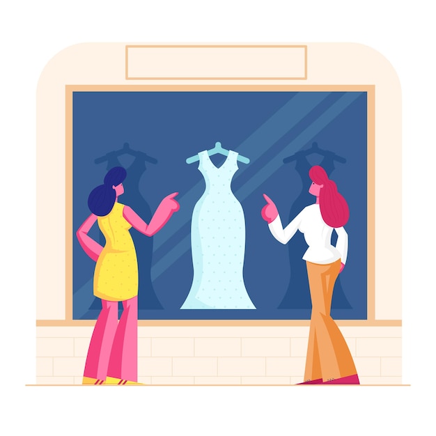 Молодые стильные женщины стоят на витрине, глядя на модное платье в магазине. мультфильм плоский иллюстрация