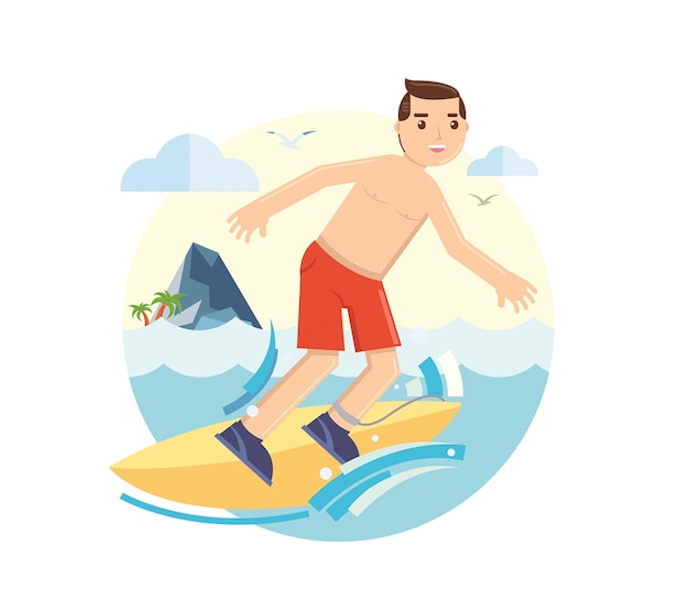 Young surfer boy riding his surfboard on the waves