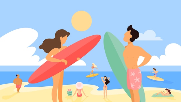 Young surfer couple standing with board on the summer beach