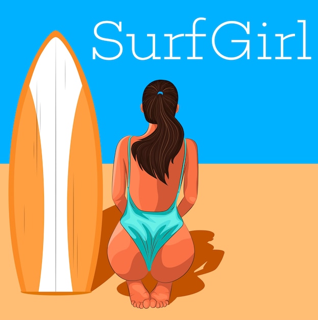 Young surfer girl in swimsuit with surfboard.