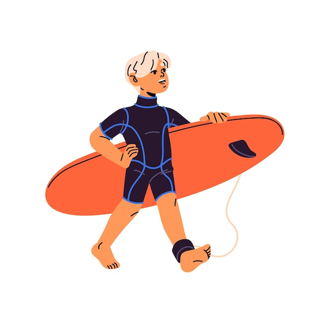 Young surfer in wetsuit goes to swim Happy boy carries board for surfing Cute child in swimsuit funs Kids water sport Summer vacation on sea Flat isolated vector illustration on white background