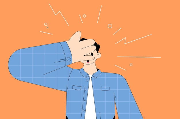 Young surprised man cartoon character feeling shock covering face and eyes with hand