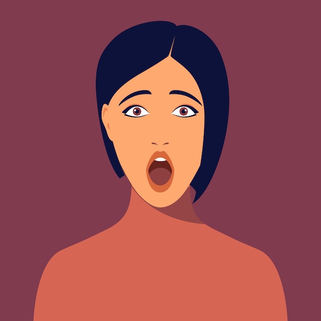 Vector young surprised woman with short haircut. portrait of beautiful amazed brunette. avatar of girl for social networks. abstract female portrait, full face. illustration in flat style.